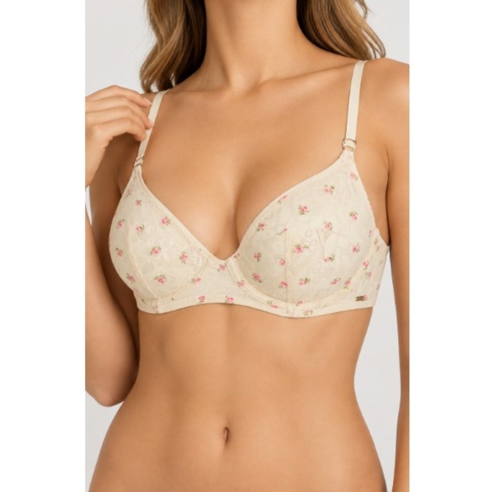 Savage Sweet Beige Rosettes Print Signature Script Unlined Bra Size 34B